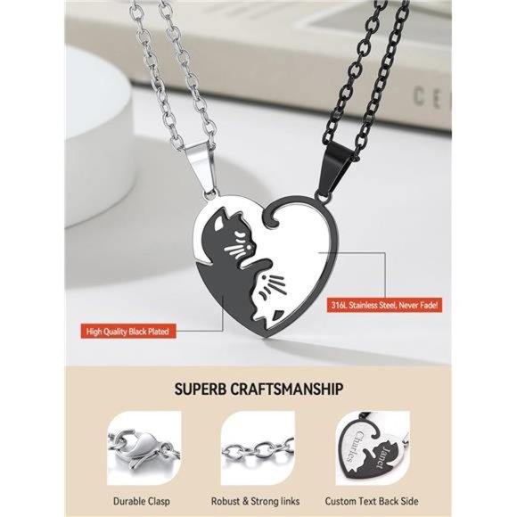 Puzzle Matching Necklace, Stainless Steel/18K Gold Plated Heart Cat/Yin Yang - Picture 5 of 7